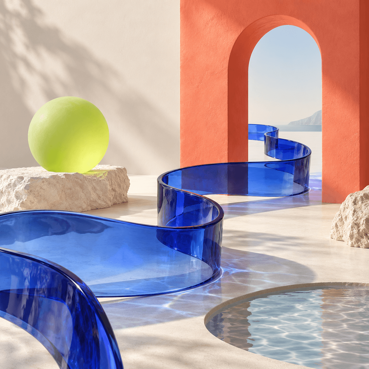 Imagined landscape with a cobalt glass ribbon, coral arch and lime orb