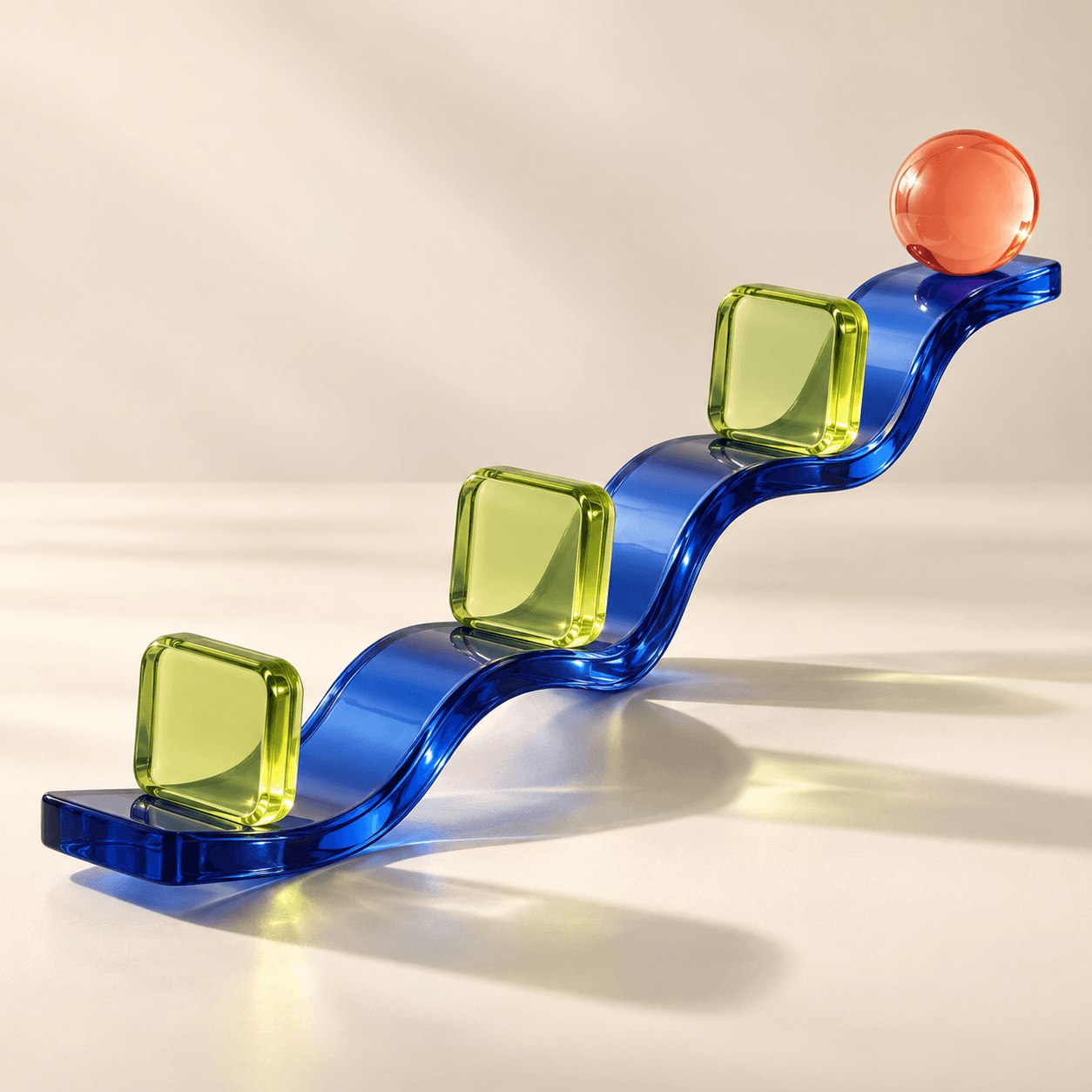 Cobalt glass track with lime tiles and a coral sphere